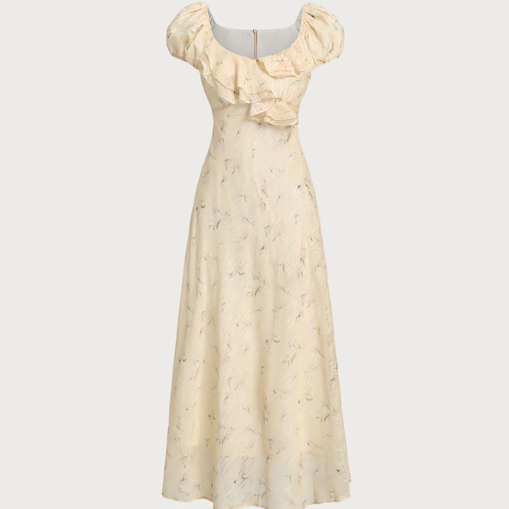 RIHOAS Cream Floral Midi Dress with Puff Sleeves